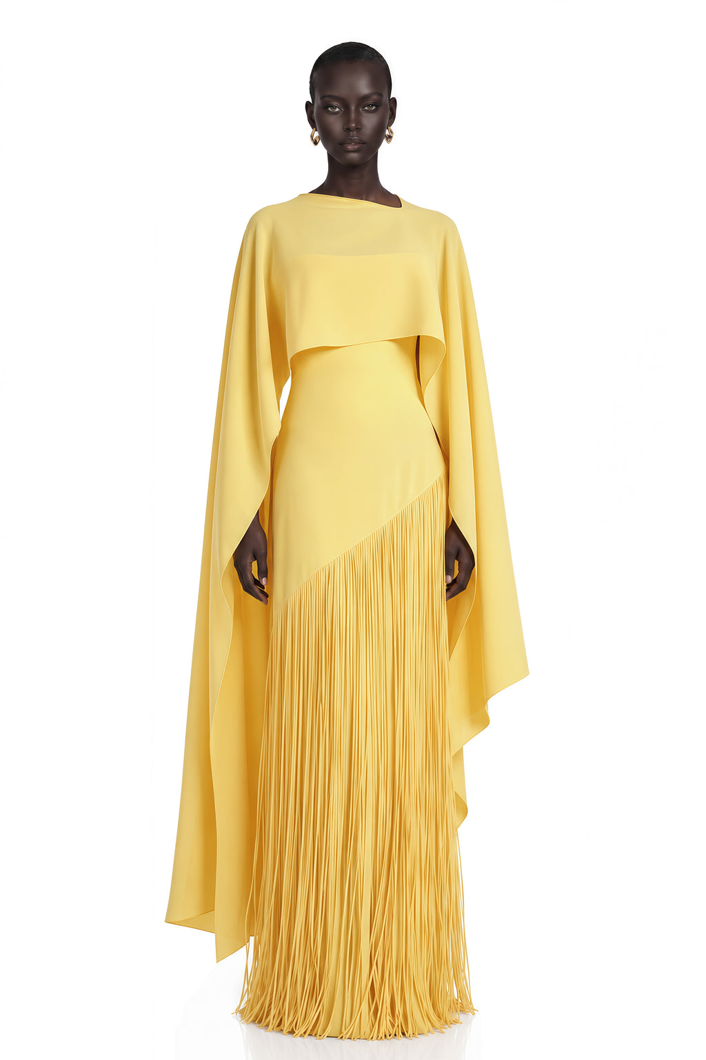 Cayetana Yellow Fringed Maxi Dress with Shawl Detail