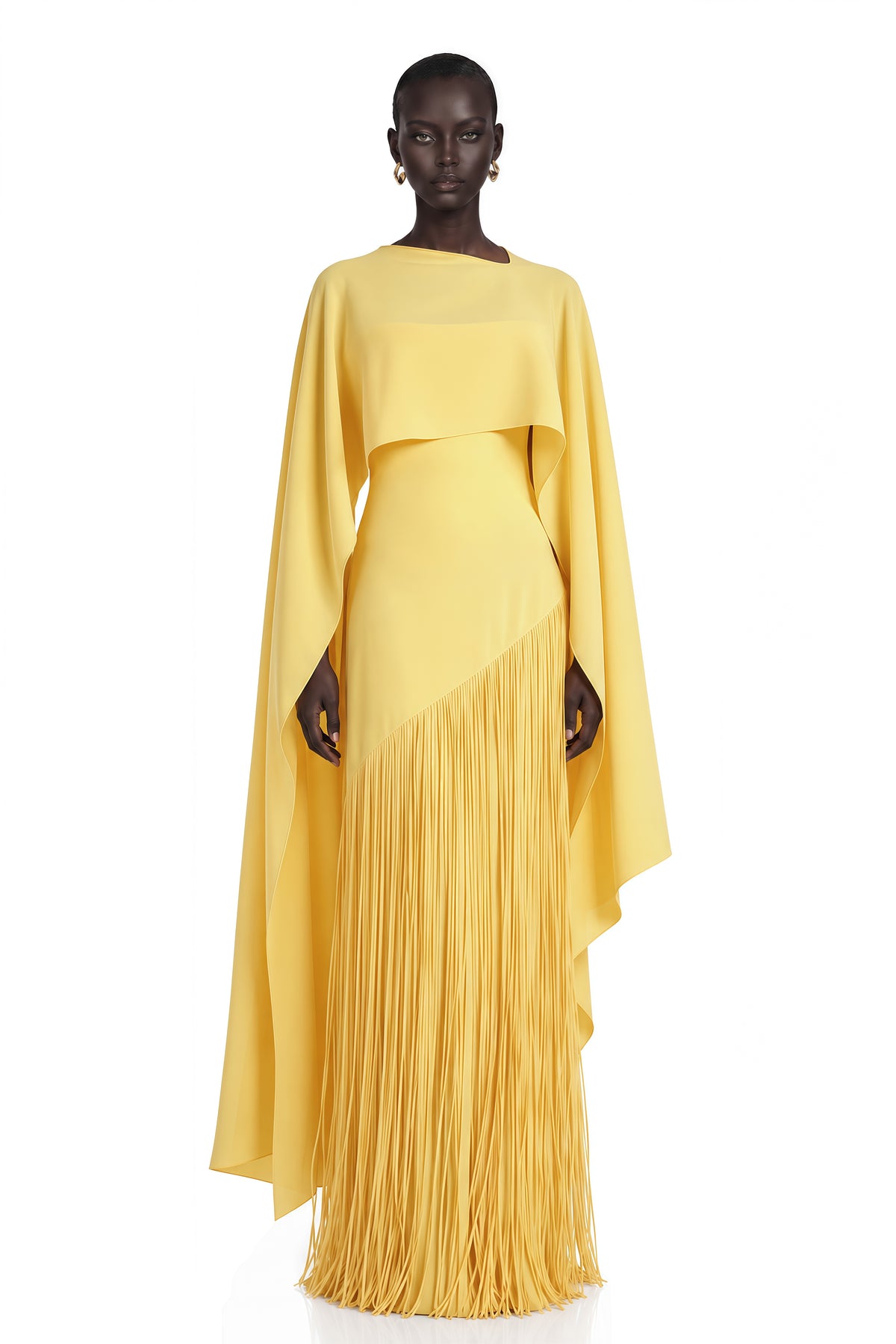 Cayetana Yellow Fringed Maxi Dress with Shawl Detail