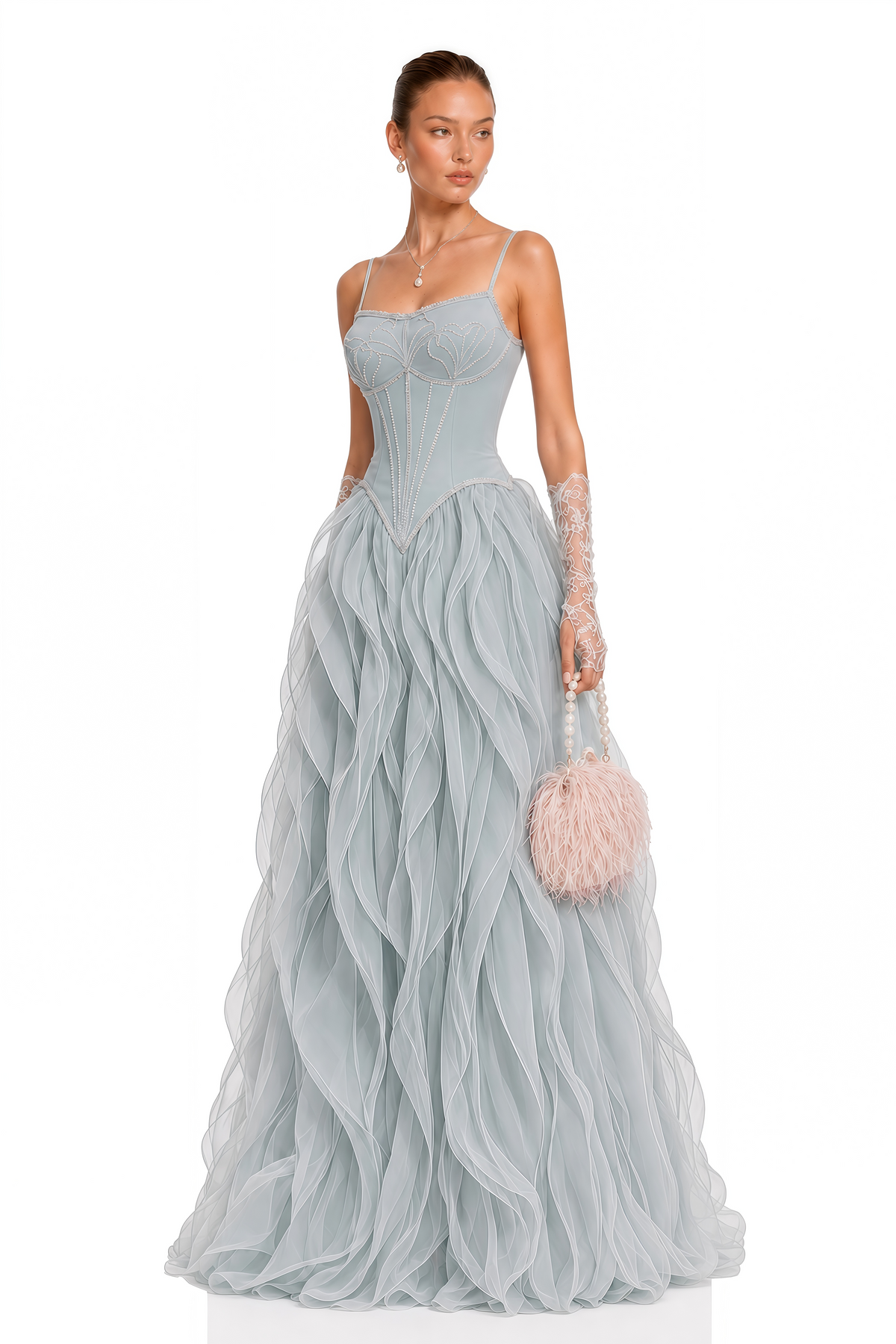 Ianthe Dusty Blue Ruffled Tulle Maxi Dress (Without Gloves)