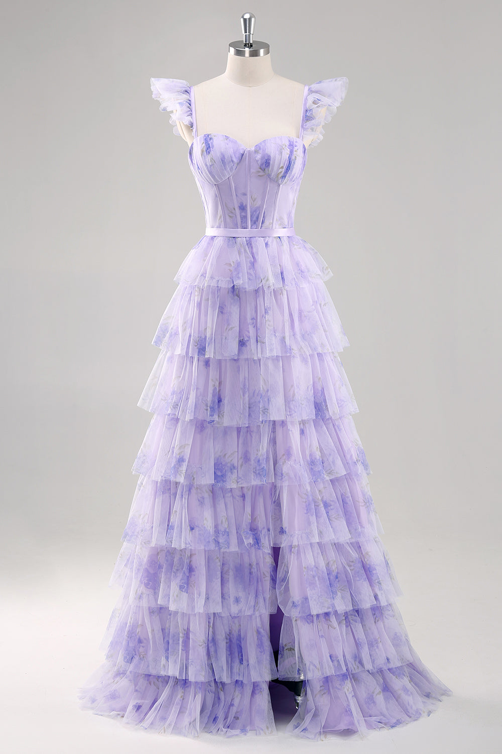 Lavender Tulle A Line Corset Ruched Tiered Floral Long Prom Dress with Slit
