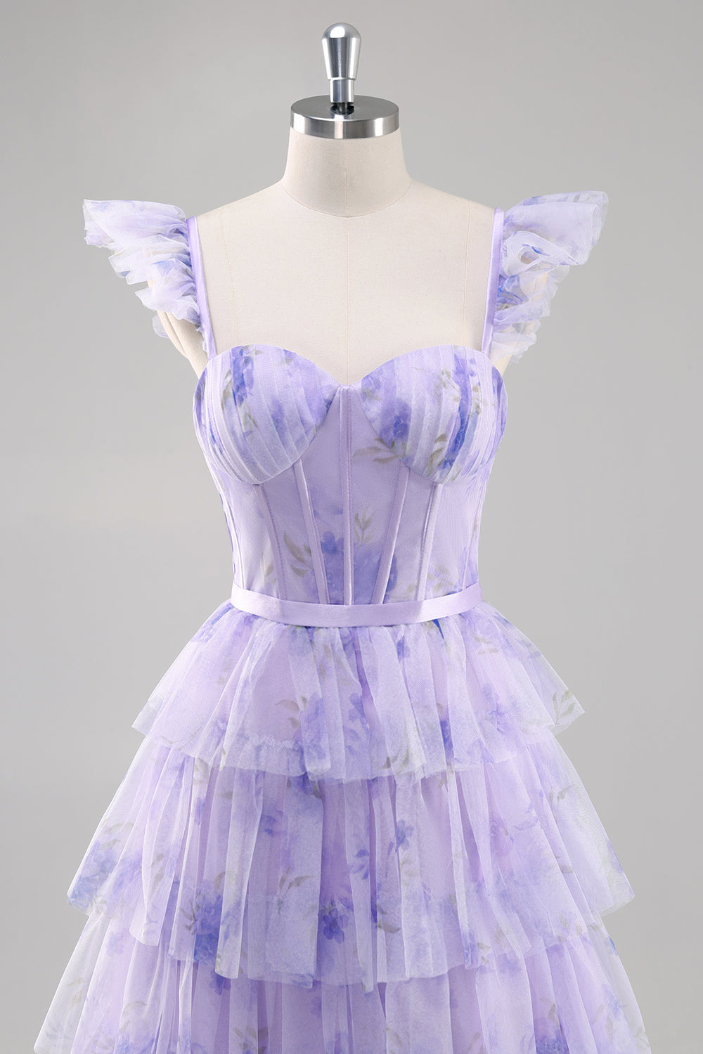 Lavender Tulle A Line Corset Ruched Tiered Floral Long Prom Dress with Slit