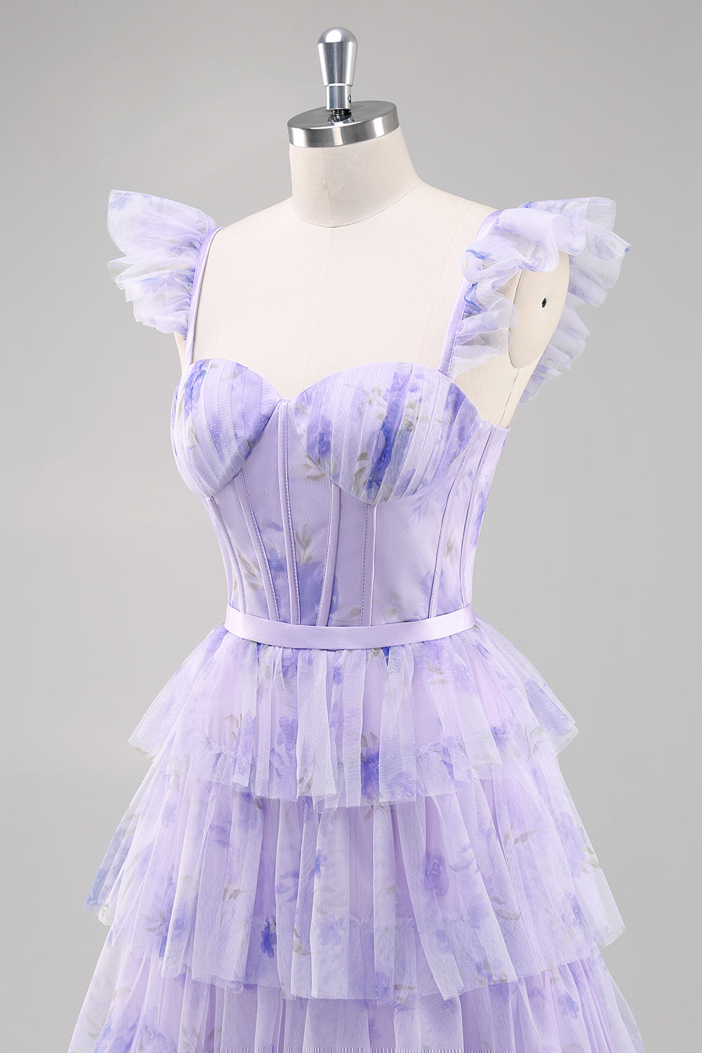 Lavender Tulle A Line Corset Ruched Tiered Floral Long Prom Dress with Slit