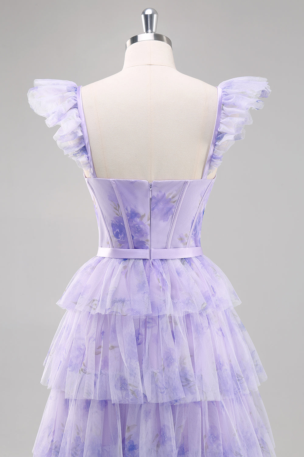 Lavender Tulle A Line Corset Ruched Tiered Floral Long Prom Dress with Slit