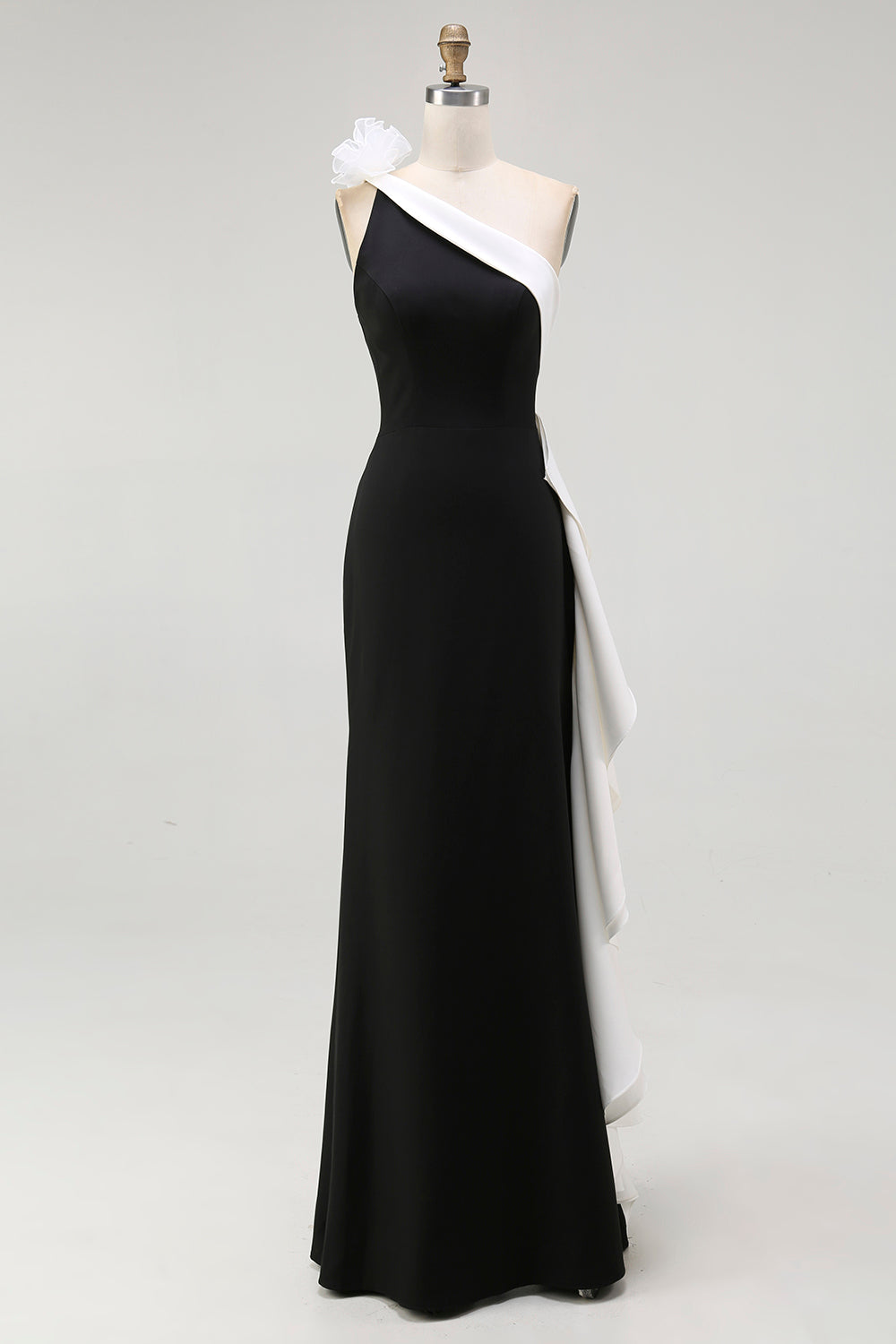 Black White One Shoulder Long Black Tie Dress with 3D Flowers