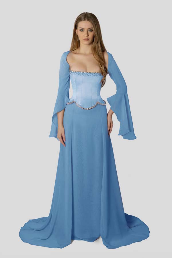 Stunning Square Neck Beaded Long Ruffles Sleeves Prom Dress