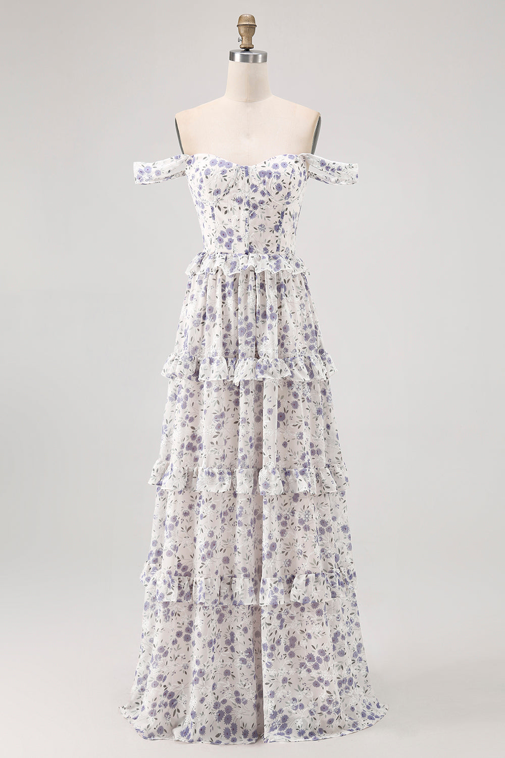 Purple Flower A-Line Off The Shoulder Ruffled Bridesmaid Dress with Lace Up Back
