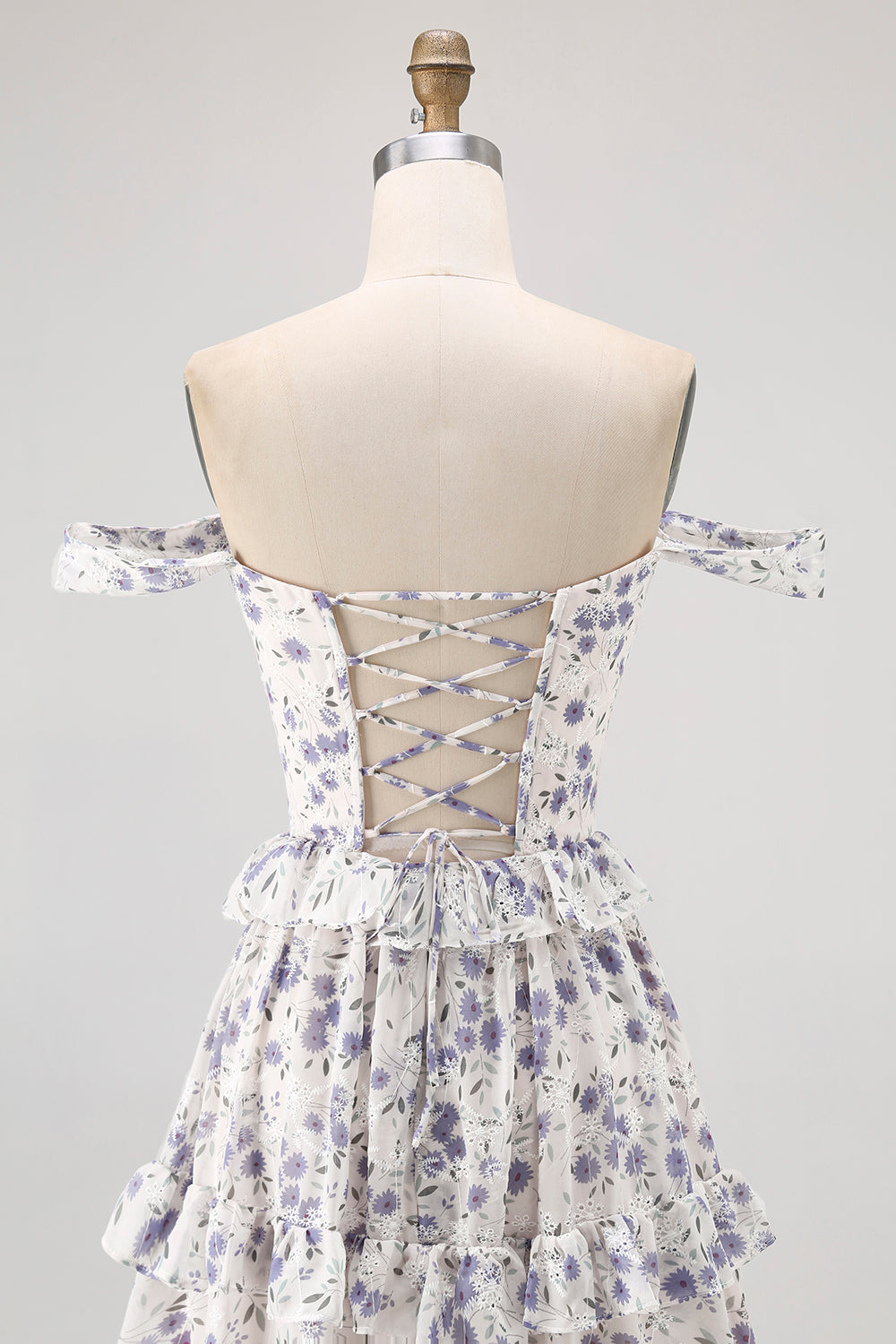 Purple Flower A-Line Off The Shoulder Ruffled Bridesmaid Dress with Lace Up Back