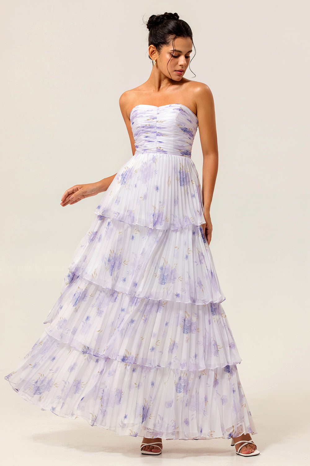 Lavender Flower A-line Backless Strapless Pleated Tiered Maxi Dress