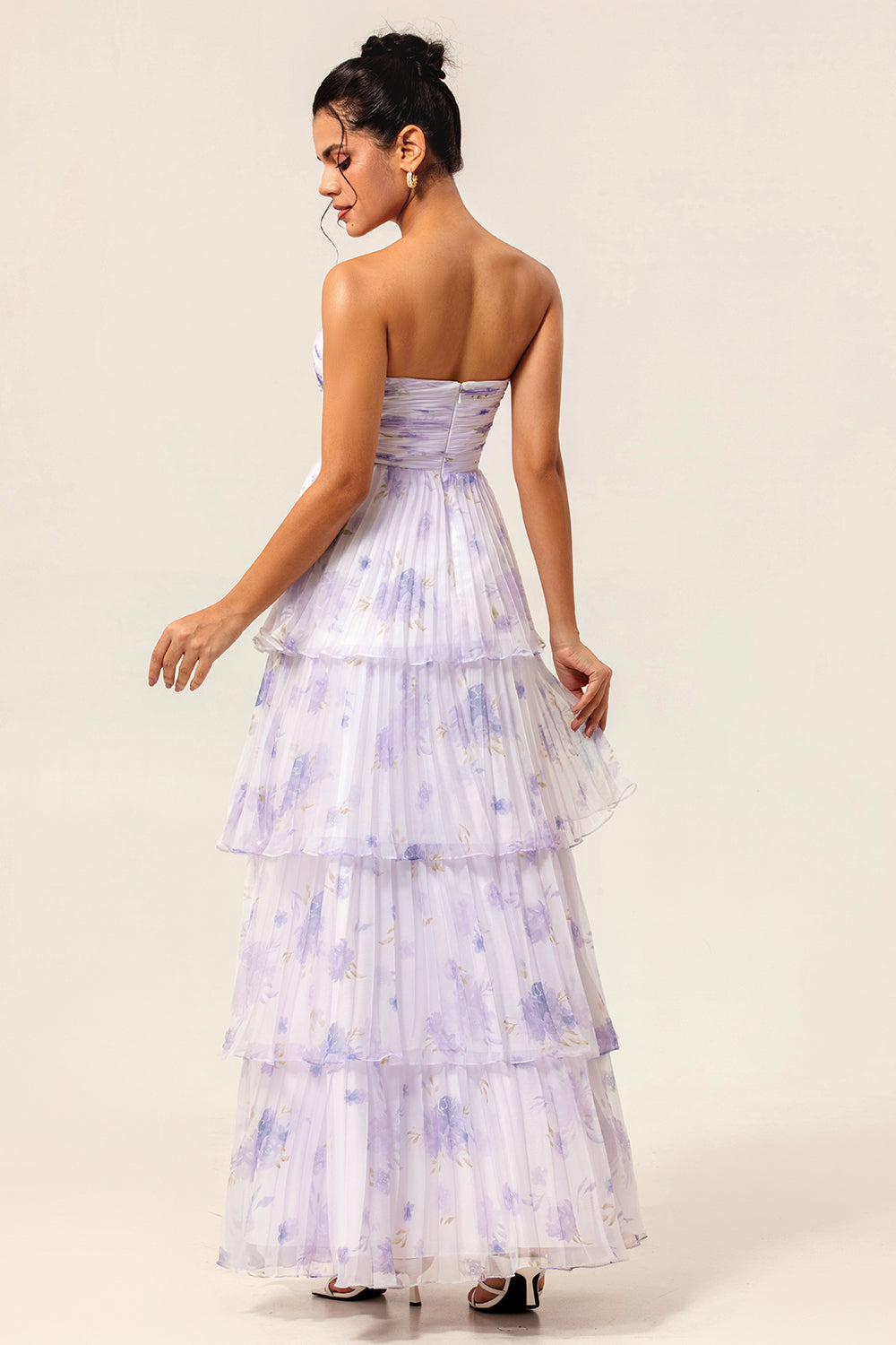 Lavender Flower A-line Backless Strapless Pleated Tiered Maxi Dress