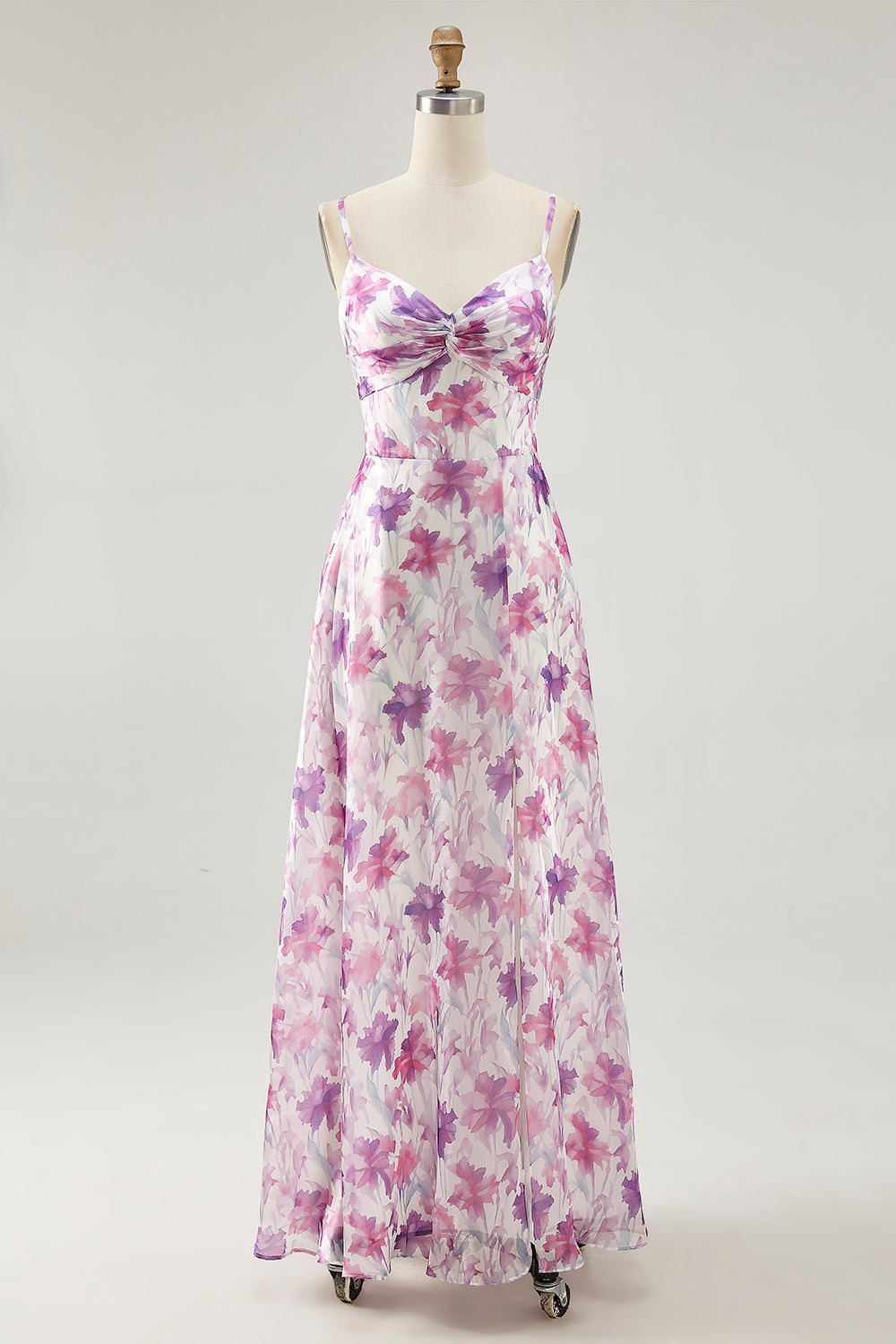 Purple Flower A-Line Spaghetti Straps Front Knot Print Maxi Dress with Slit