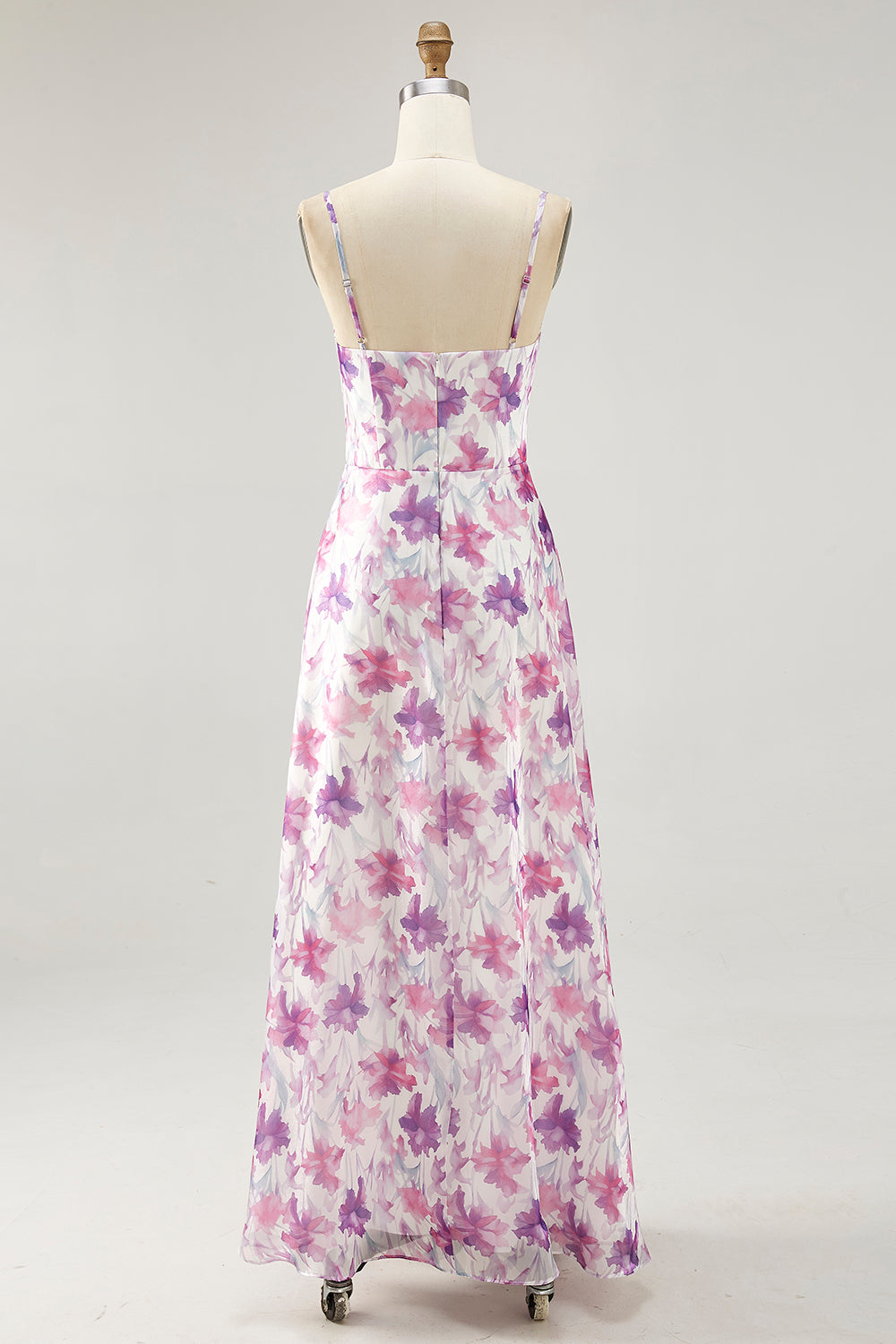 Purple Flower A-Line Spaghetti Straps Front Knot Print Maxi Dress with Slit