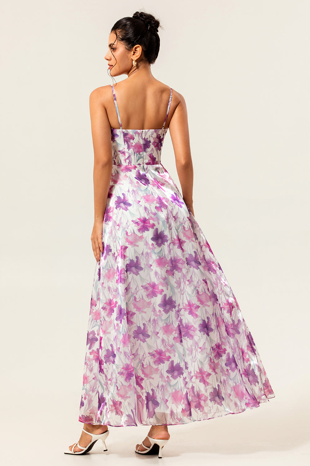 Purple Flower A-Line Spaghetti Straps Front Knot Print Maxi Dress with Slit