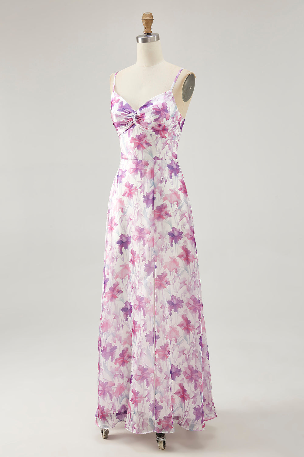 Purple Flower A-Line Spaghetti Straps Front Knot Print Maxi Dress with Slit