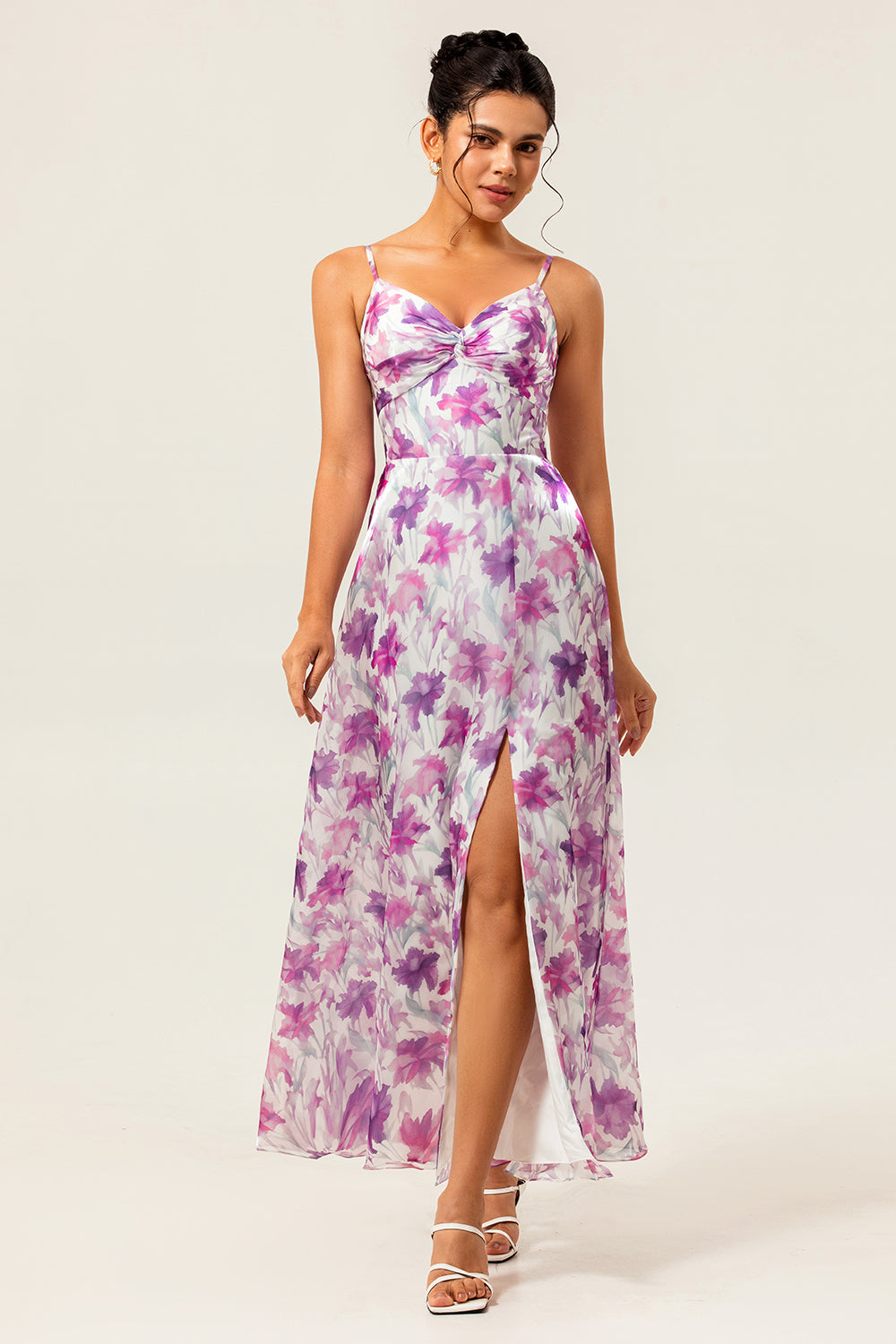 Purple Flower A-Line Spaghetti Straps Front Knot Print Maxi Dress with Slit