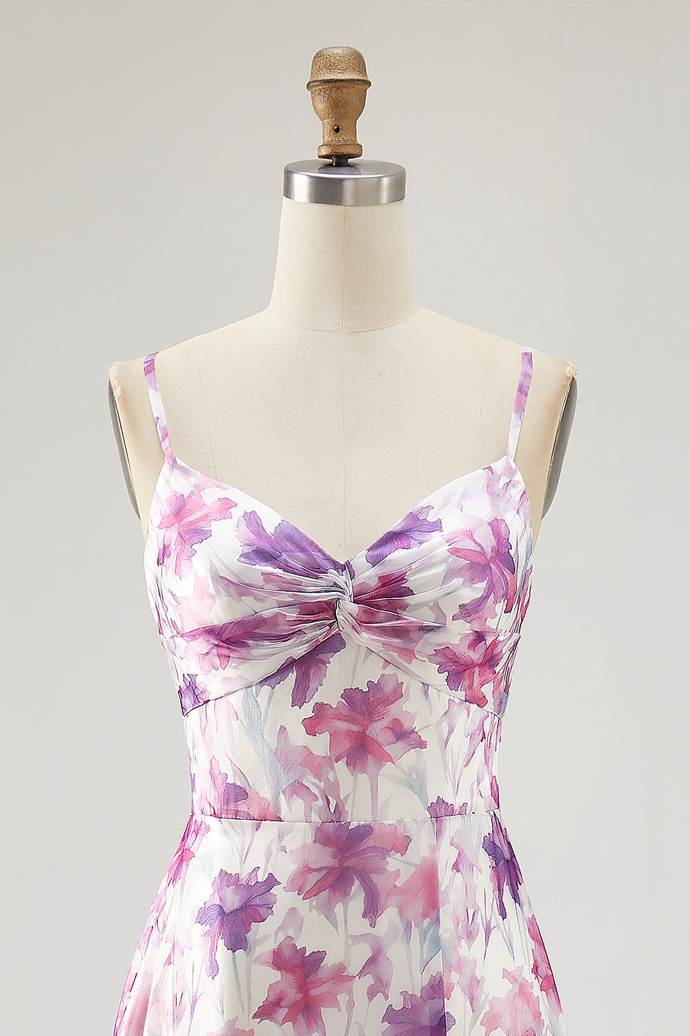 Purple Flower A-Line Spaghetti Straps Front Knot Print Maxi Dress with Slit