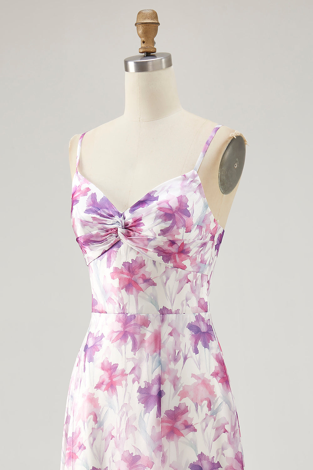 Purple Flower A-Line Spaghetti Straps Front Knot Print Maxi Dress with Slit