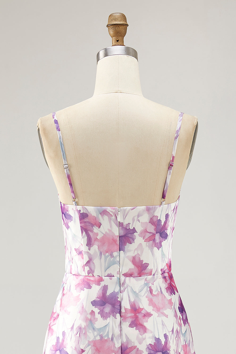 Purple Flower A-Line Spaghetti Straps Front Knot Print Maxi Dress with Slit