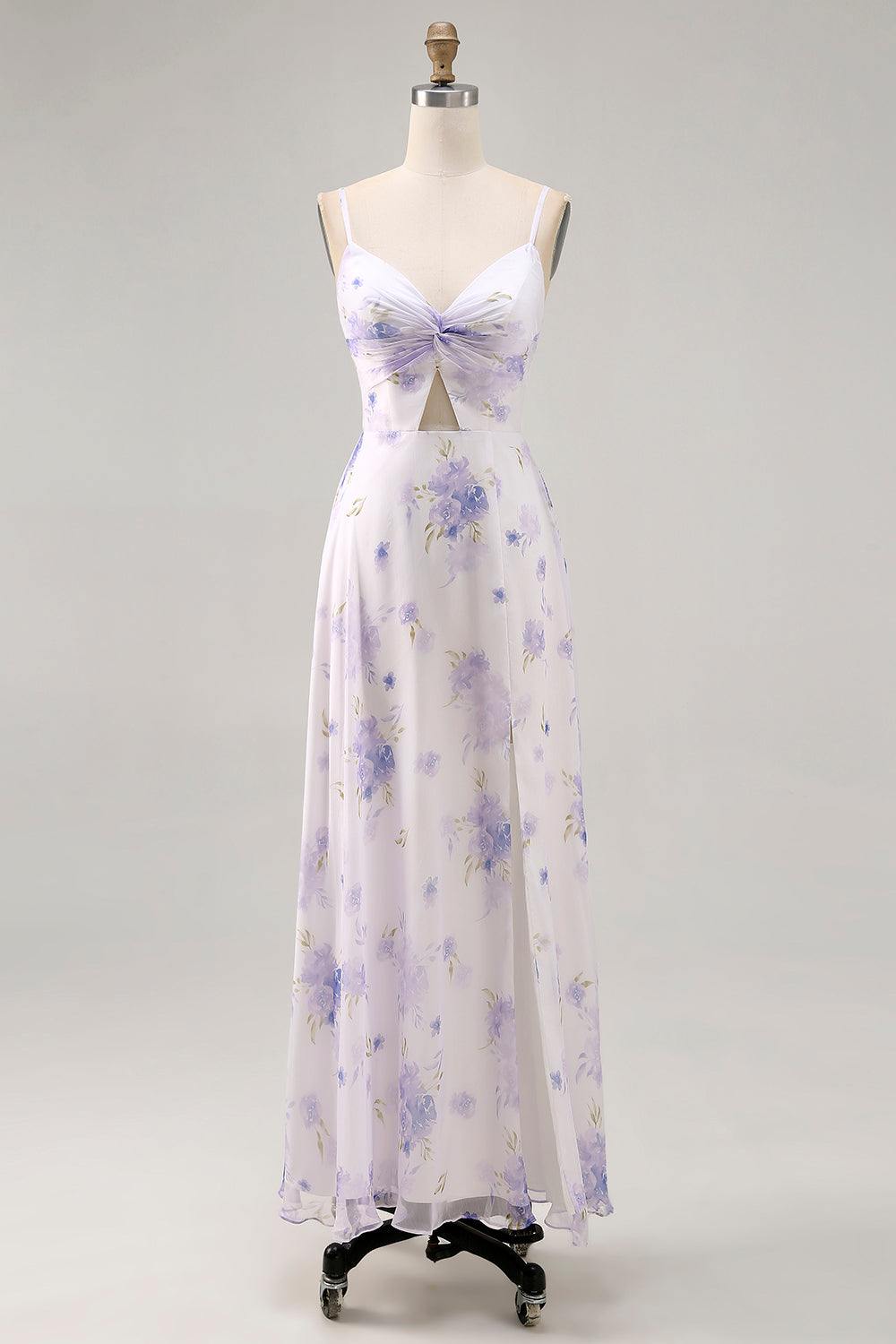 Lavender Floral A-Line Spaghetti Straps Cut Out Maxi Dress