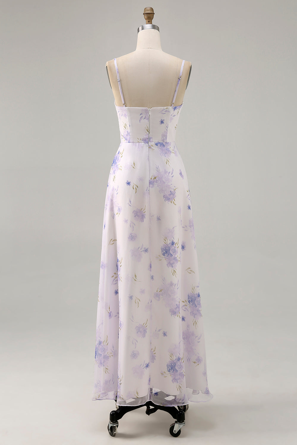 Lavender Floral A-Line Spaghetti Straps Cut Out Maxi Dress