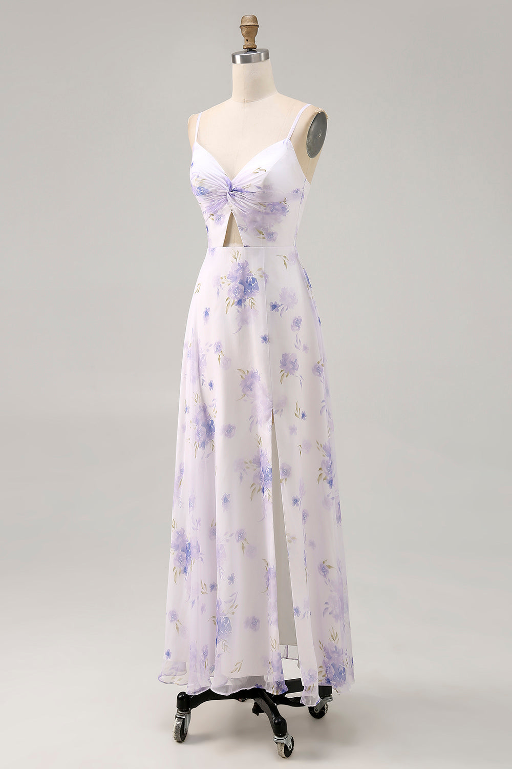 Lavender Floral A-Line Spaghetti Straps Cut Out Maxi Dress