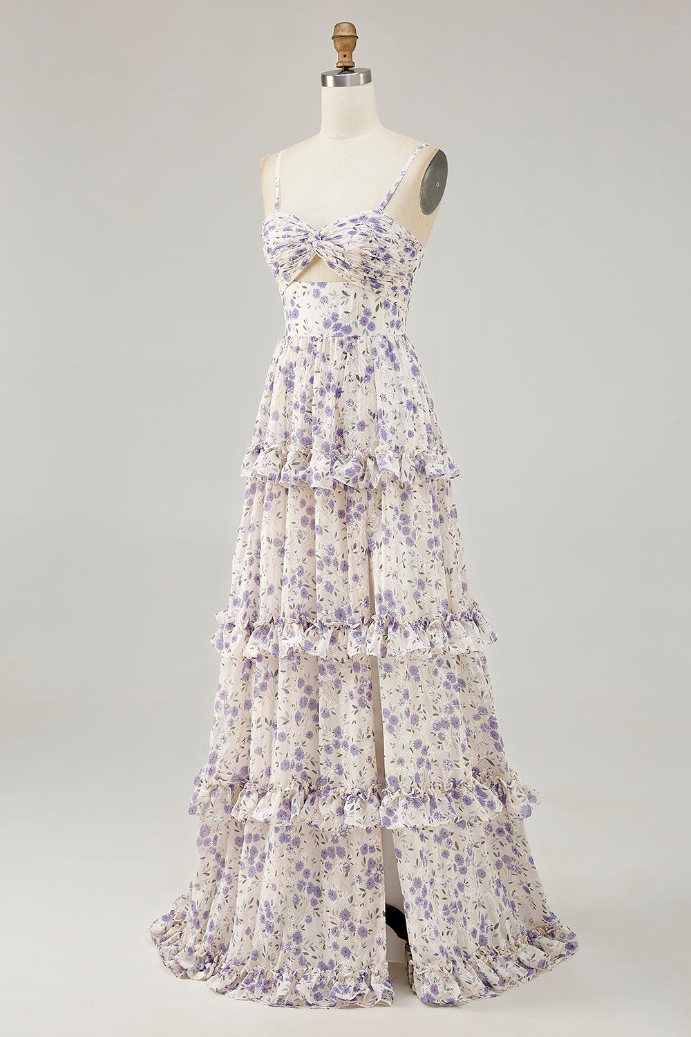 Purple Flower A-line Cut Out Long Chiffon Bridesmaid Dress with Slit