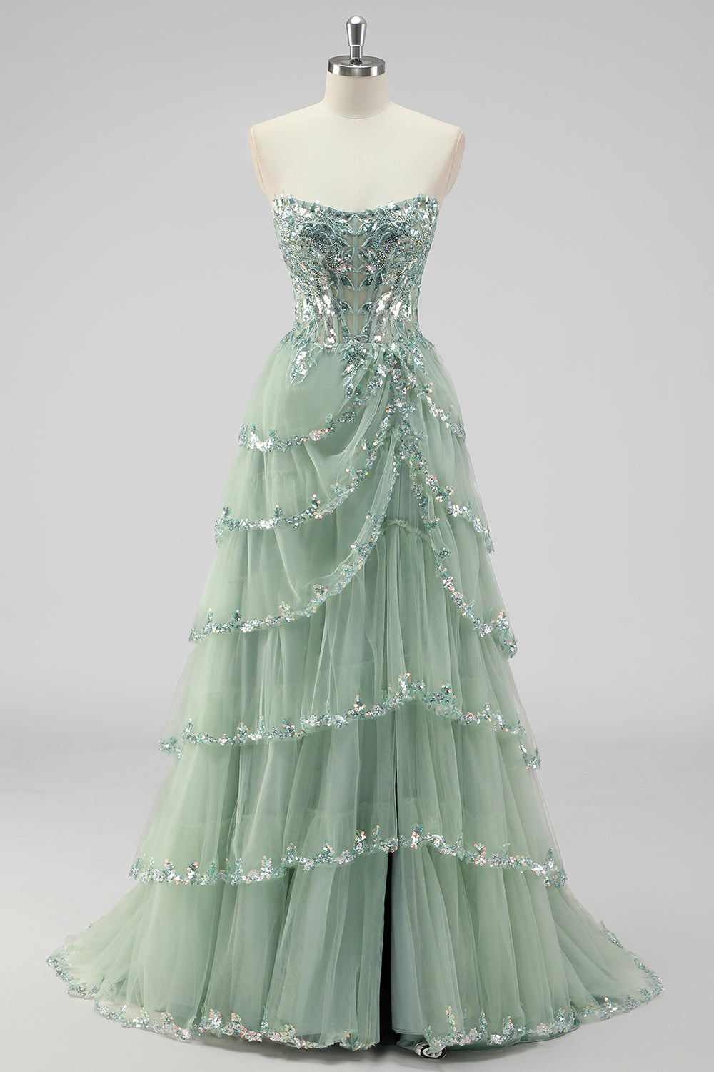 Sparkly Sage Green A Line Sequins Corset Tiered Long Prom Dress with Slit