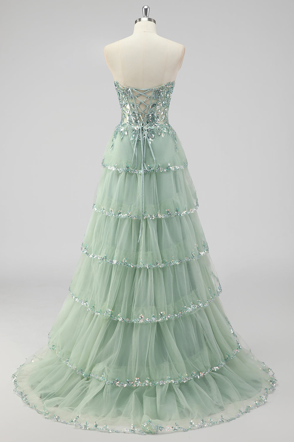 Sparkly Sage Green A Line Sequins Corset Tiered Long Prom Dress with Slit
