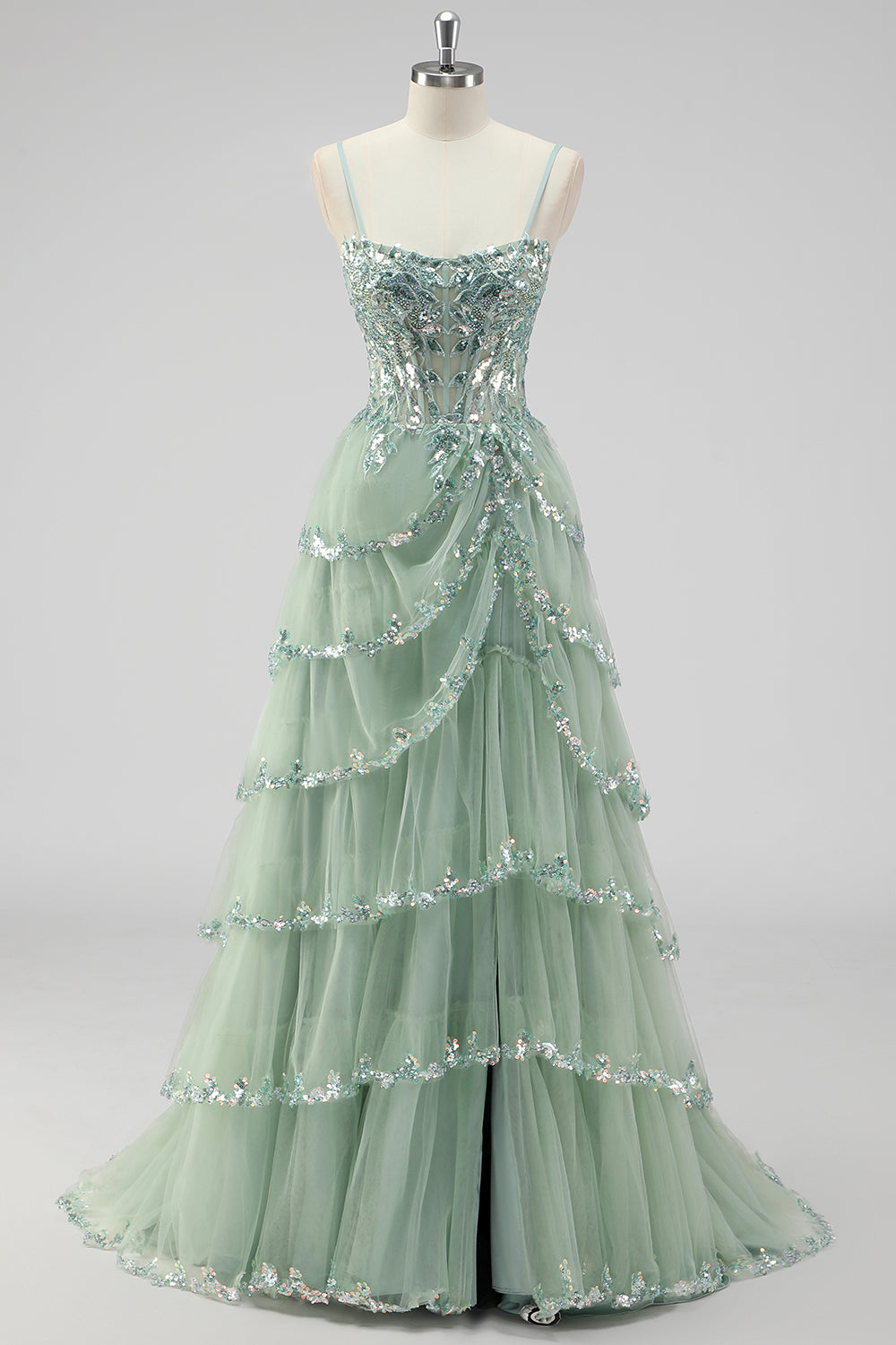 Sparkly Sage Green A Line Sequins Corset Tiered Long Prom Dress with Slit