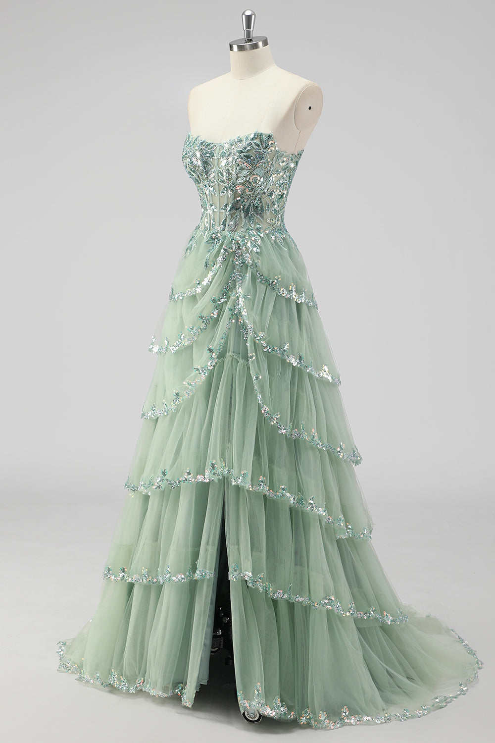 Sparkly Sage Green A Line Sequins Corset Tiered Long Prom Dress with Slit