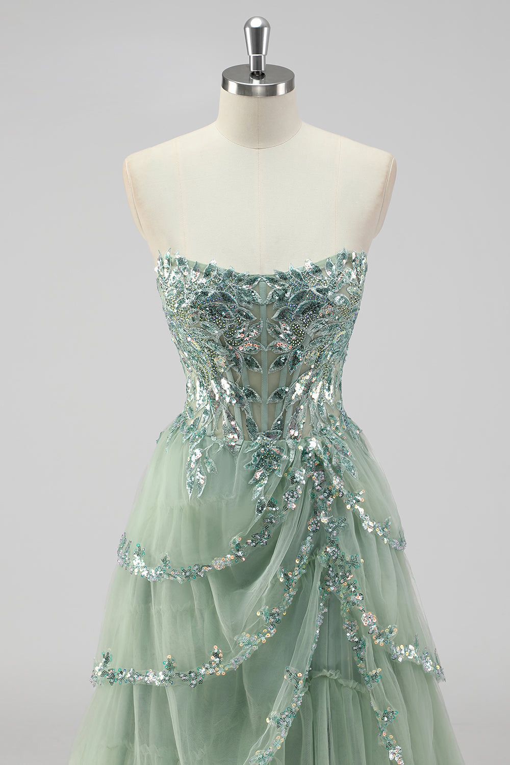 Sparkly Sage Green A Line Sequins Corset Tiered Long Prom Dress with Slit