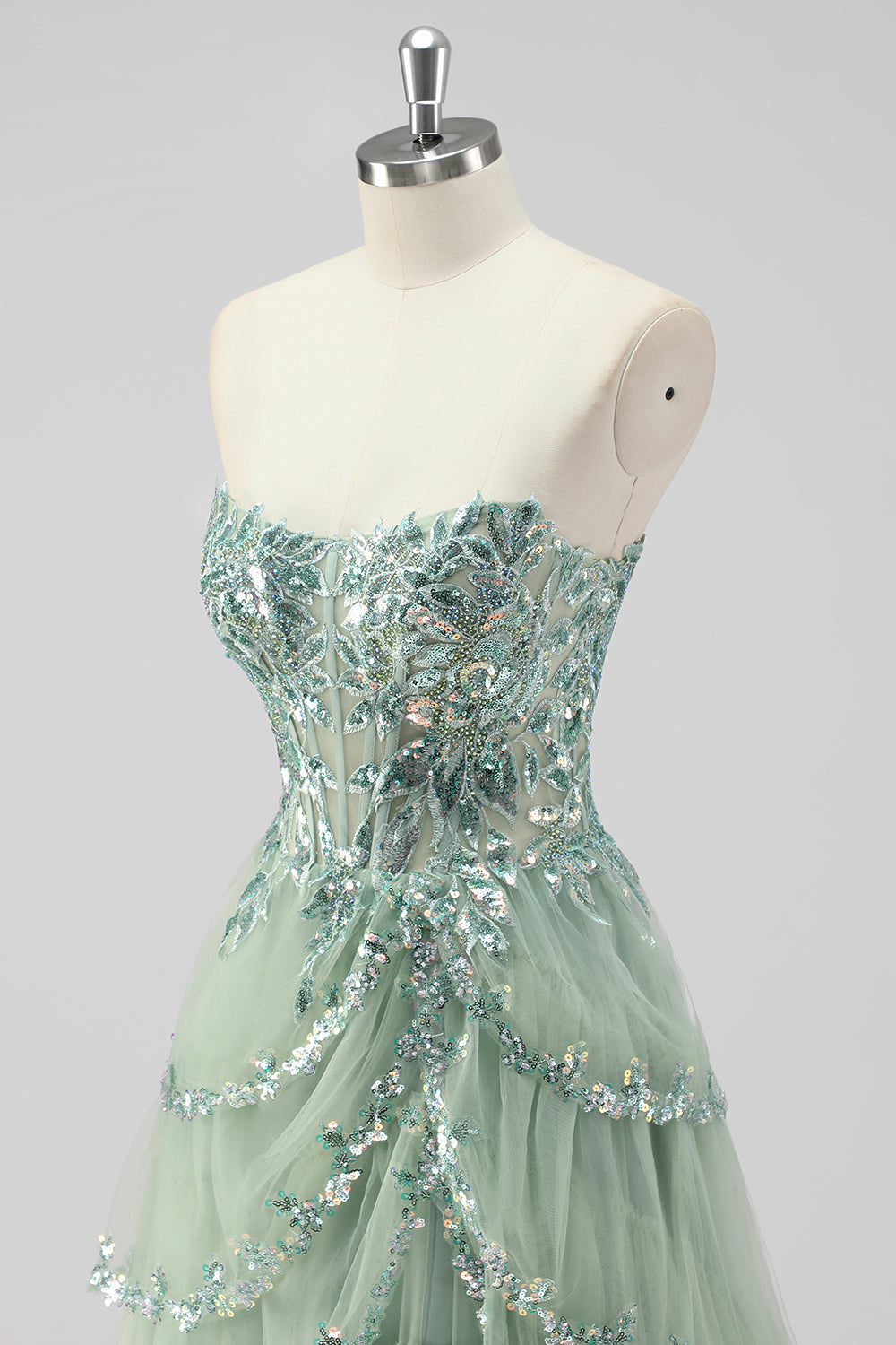 Sparkly Sage Green A Line Sequins Corset Tiered Long Prom Dress with Slit