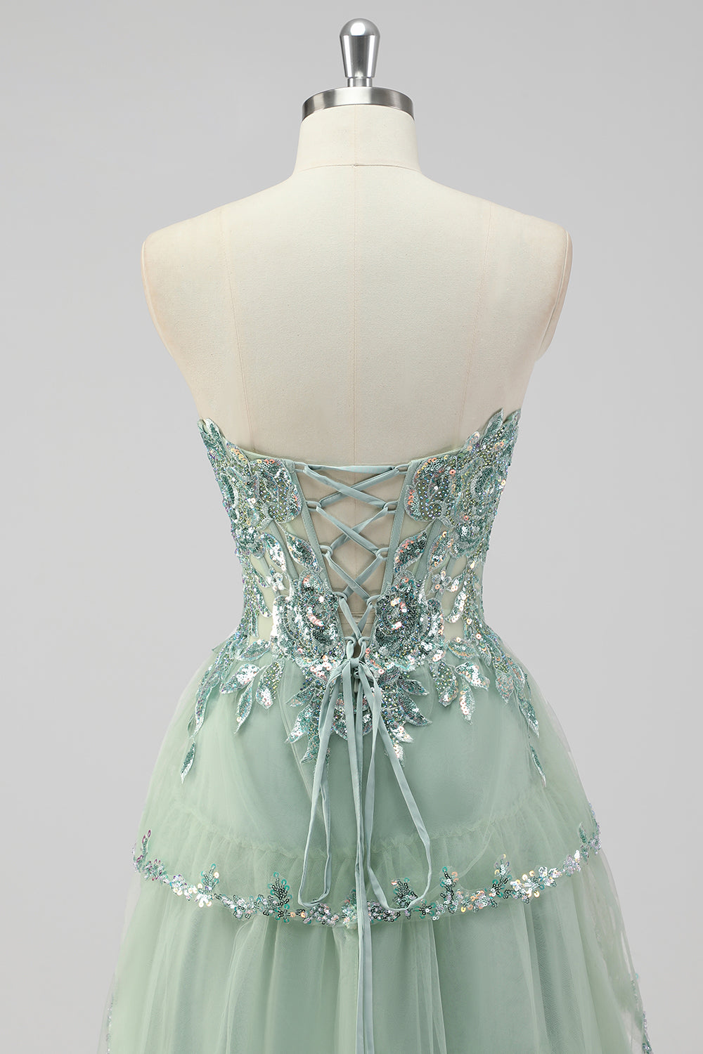 Sparkly Sage Green A Line Sequins Corset Tiered Long Prom Dress with Slit