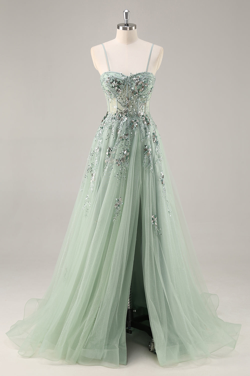 Sparkly Green Corset Sweetheart Long Prom Dress with Appliques