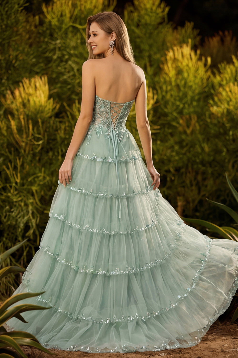Sparkly Sage Green A Line Sequins Corset Tiered Long Prom Dress with Slit
