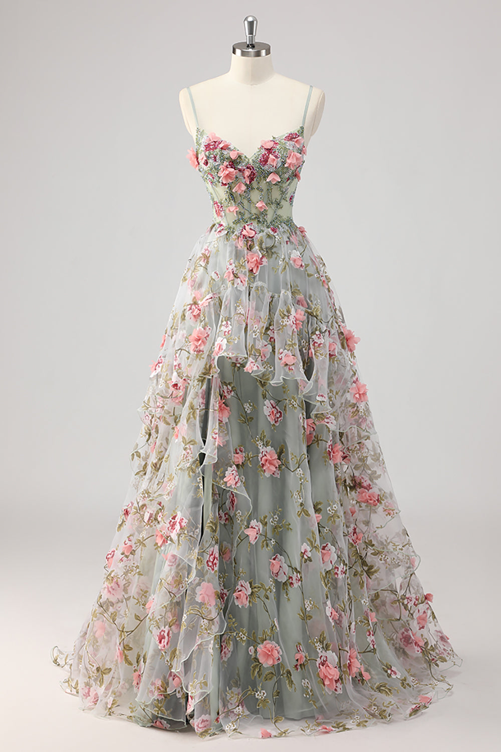 Grey Green A Line Beaded Corset Prom Dress with 3D Flowers