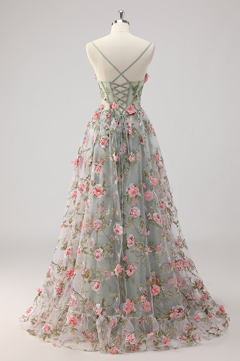 Grey Green A Line Beaded Corset Prom Dress with 3D Flowers
