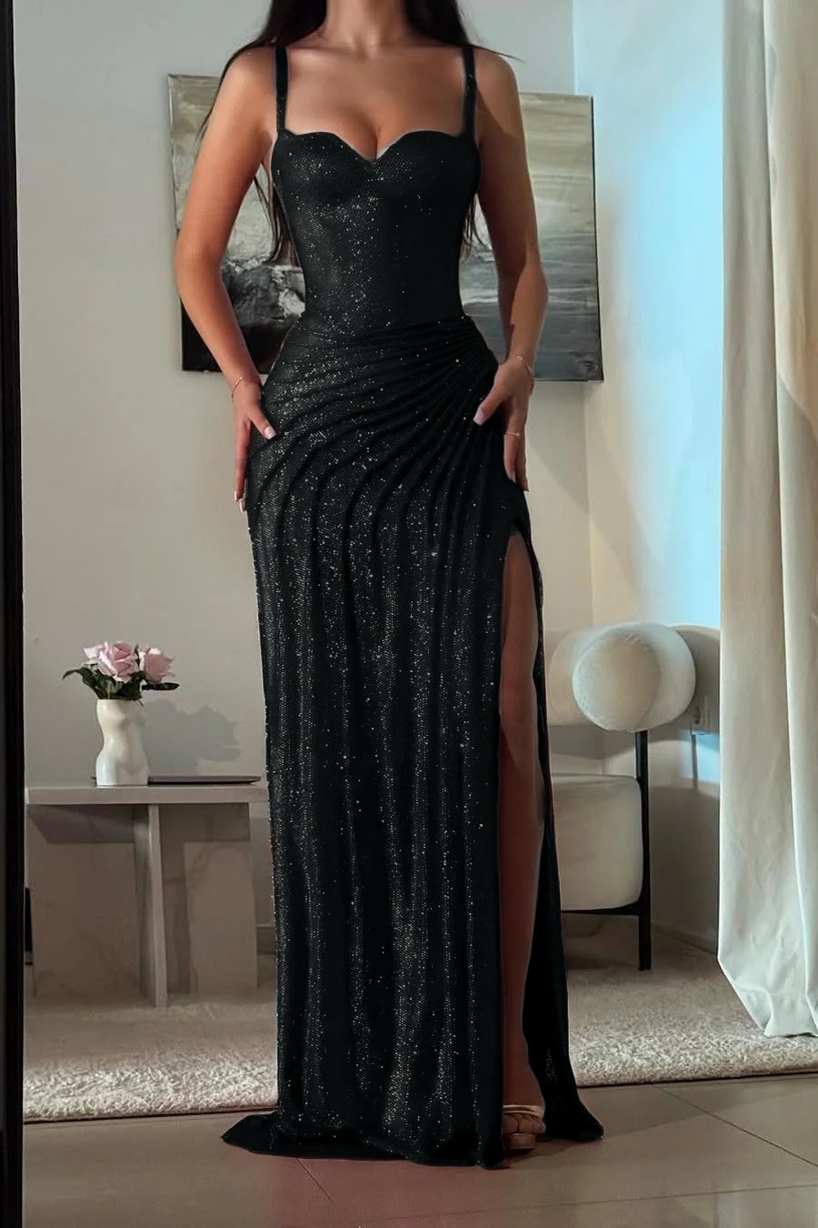 Amazing Fuchsia Sequins Spaghetti Strap Sweetheart Sleeveless Pleated Prom Dress with Split