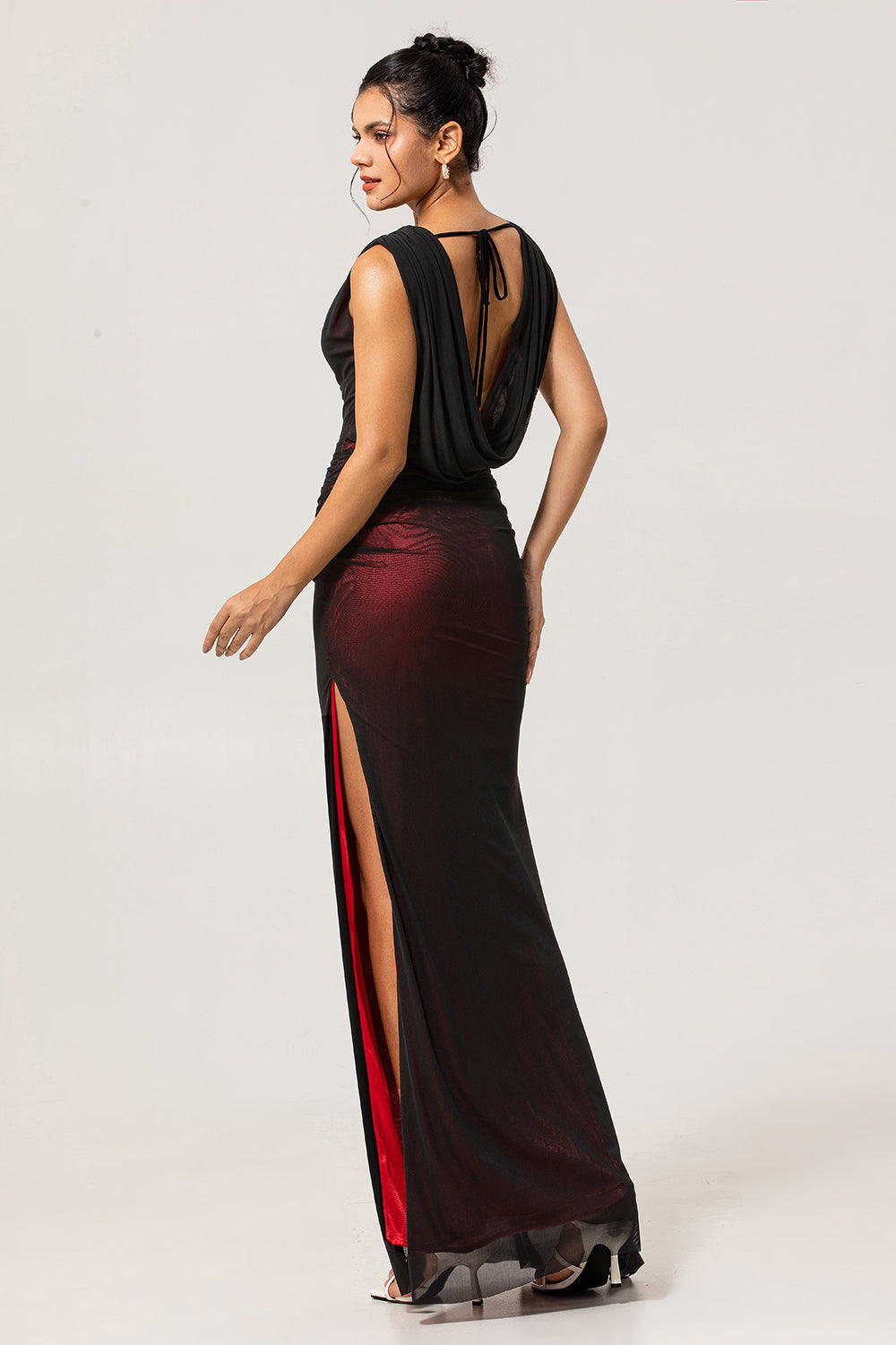 Black Red Backless V-Neck Long Bridesmaid Dress with Slit