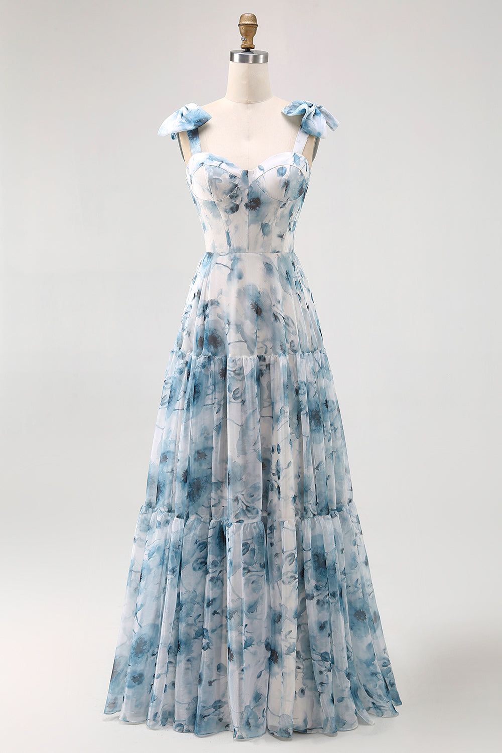 Blue A Line Floral Chiffon Long Bridesmaid Dress with Bows