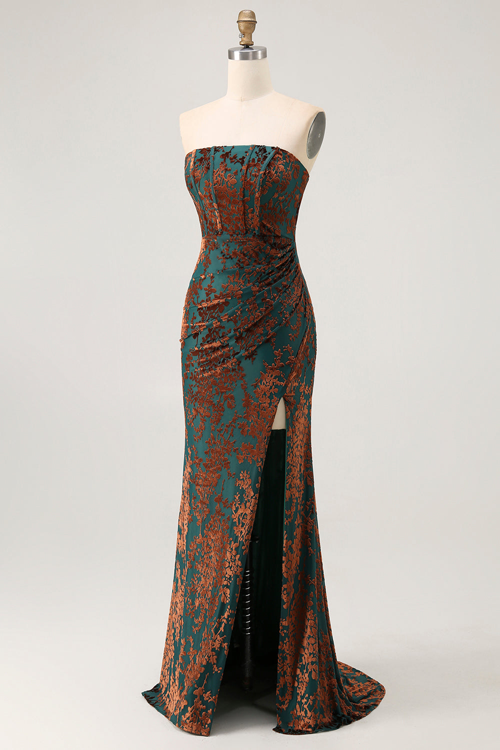 Peacock Green Velvet Mermaid Corset Long Wedding Guest Dress with Slit