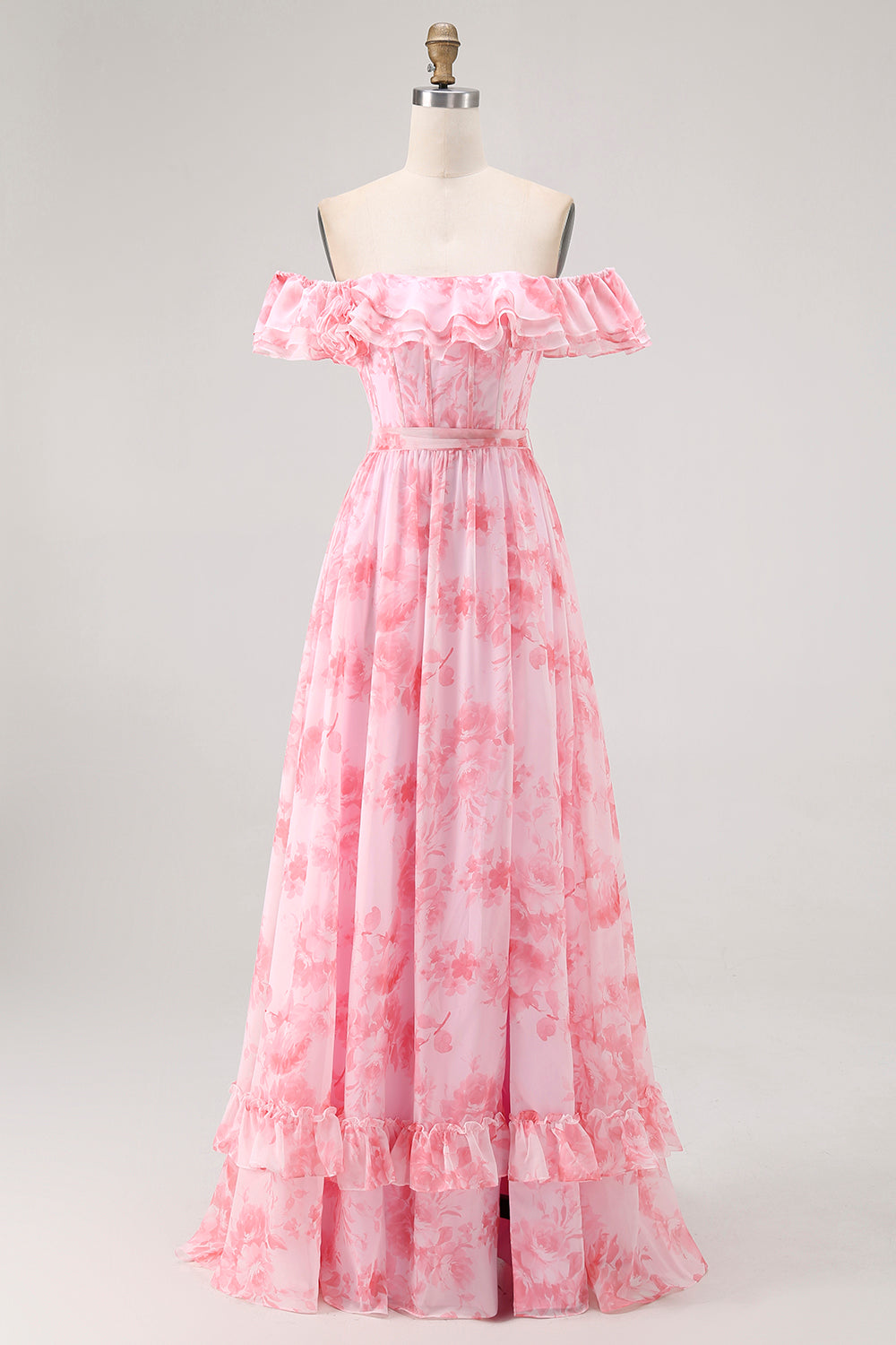 Purple Flower A-Line Off The Shoulder Ruffled Bridesmaid Dress with Slit