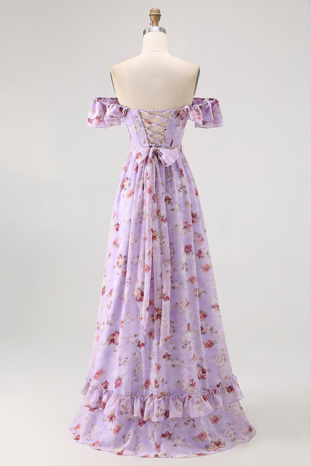 Purple Flower A-Line Off The Shoulder Ruffled Bridesmaid Dress with Slit