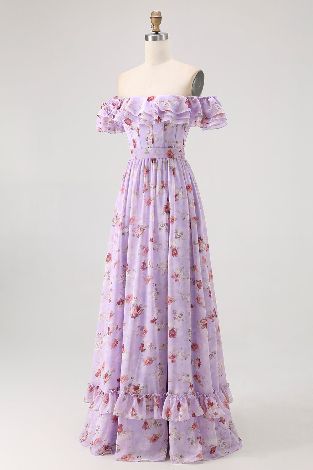 Purple Flower A-Line Off The Shoulder Ruffled Bridesmaid Dress with Slit