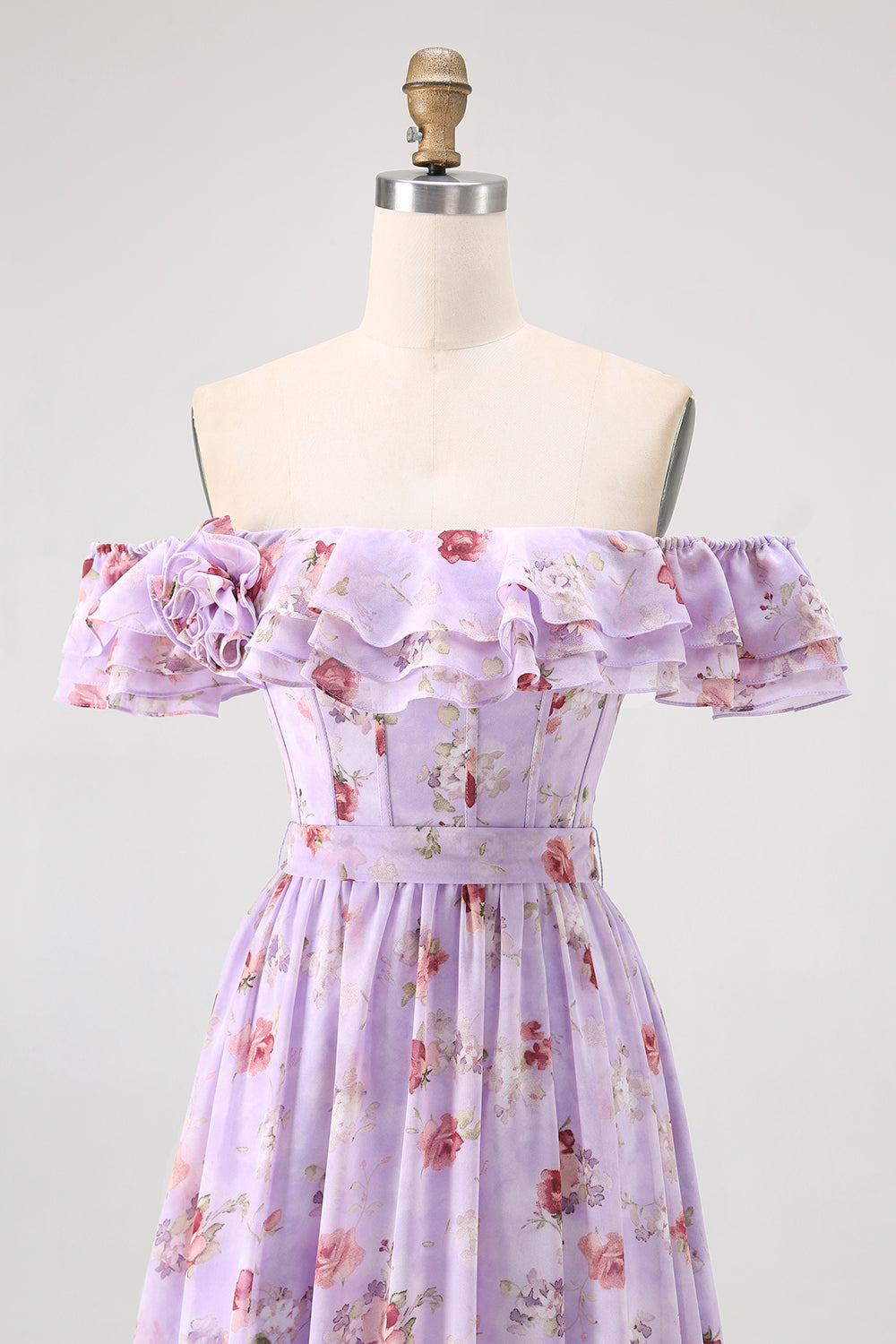Purple Flower A-Line Off The Shoulder Ruffled Bridesmaid Dress with Slit