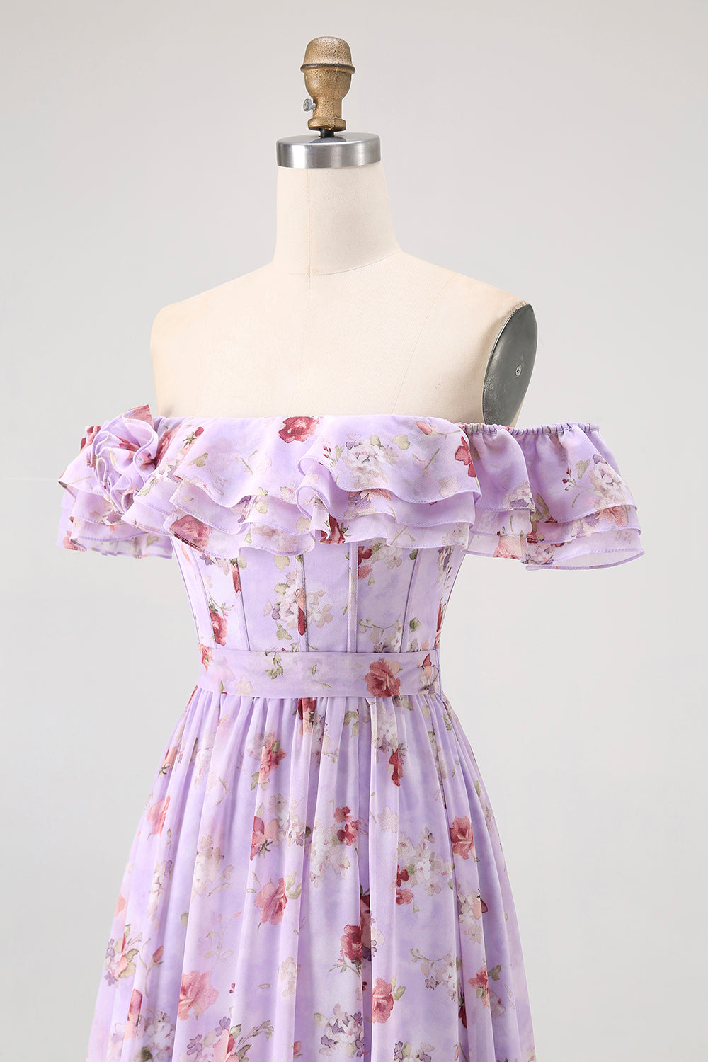 Purple Flower A-Line Off The Shoulder Ruffled Bridesmaid Dress with Slit