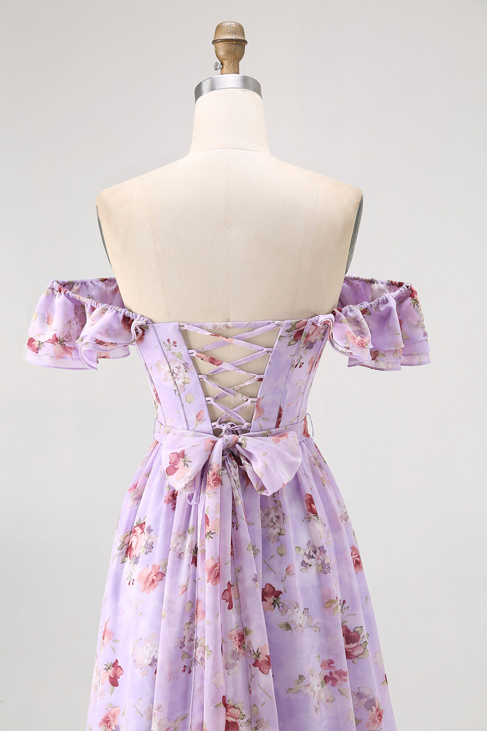 Purple Flower A-Line Off The Shoulder Ruffled Bridesmaid Dress with Slit