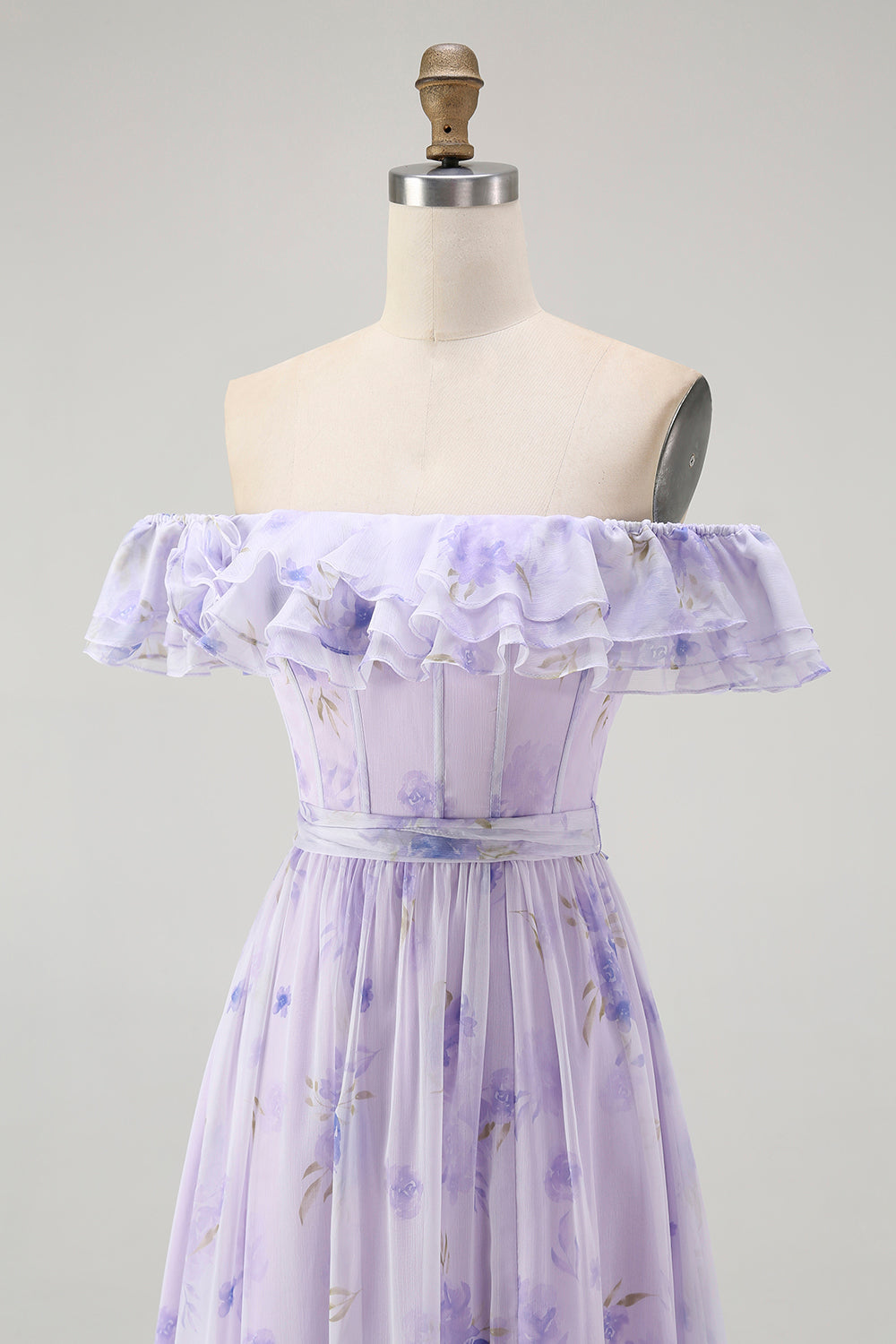 Lilac A-Line Off The Shoulder Ruffle Print Floral Long Bridesmaid Dress with Slit