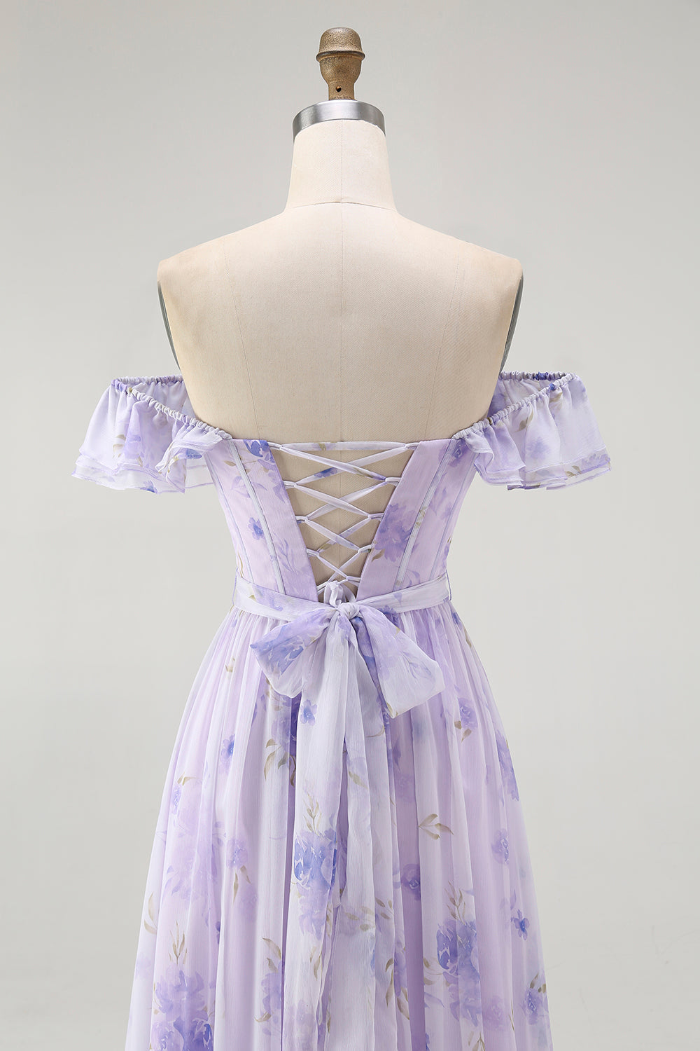 Lilac A-Line Off The Shoulder Ruffle Print Floral Long Bridesmaid Dress with Slit