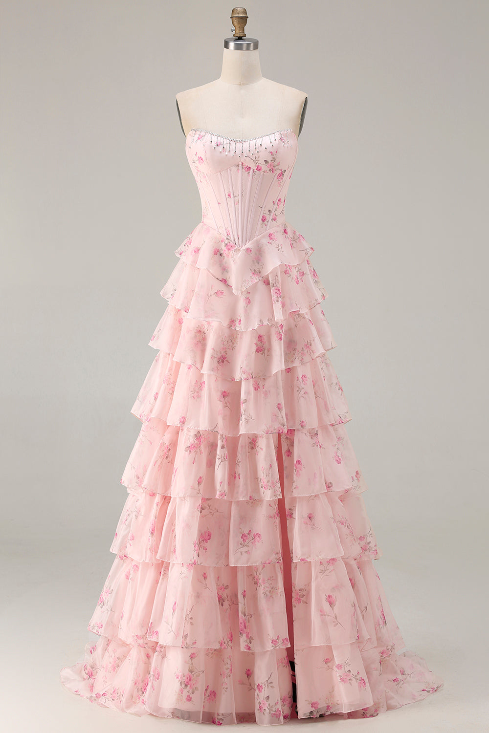 Strapless Yellow Blue Flower A Line Tiered Ruffle Corset Long Prom Dress with Slit