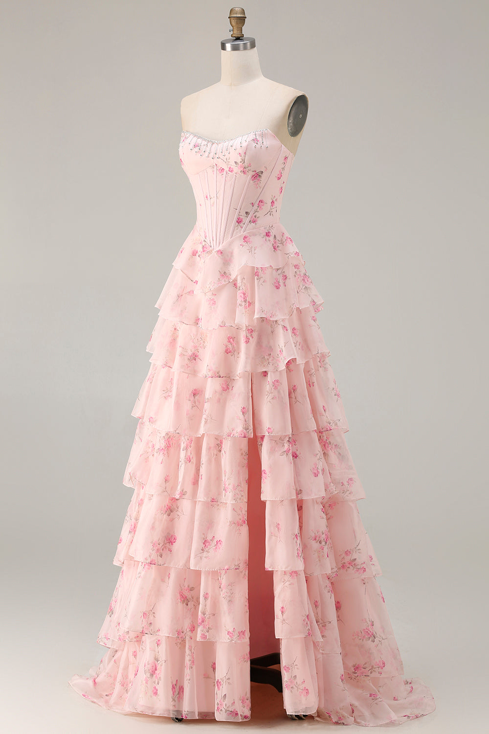 Strapless Yellow Blue Flower A Line Tiered Ruffle Corset Long Prom Dress with Slit